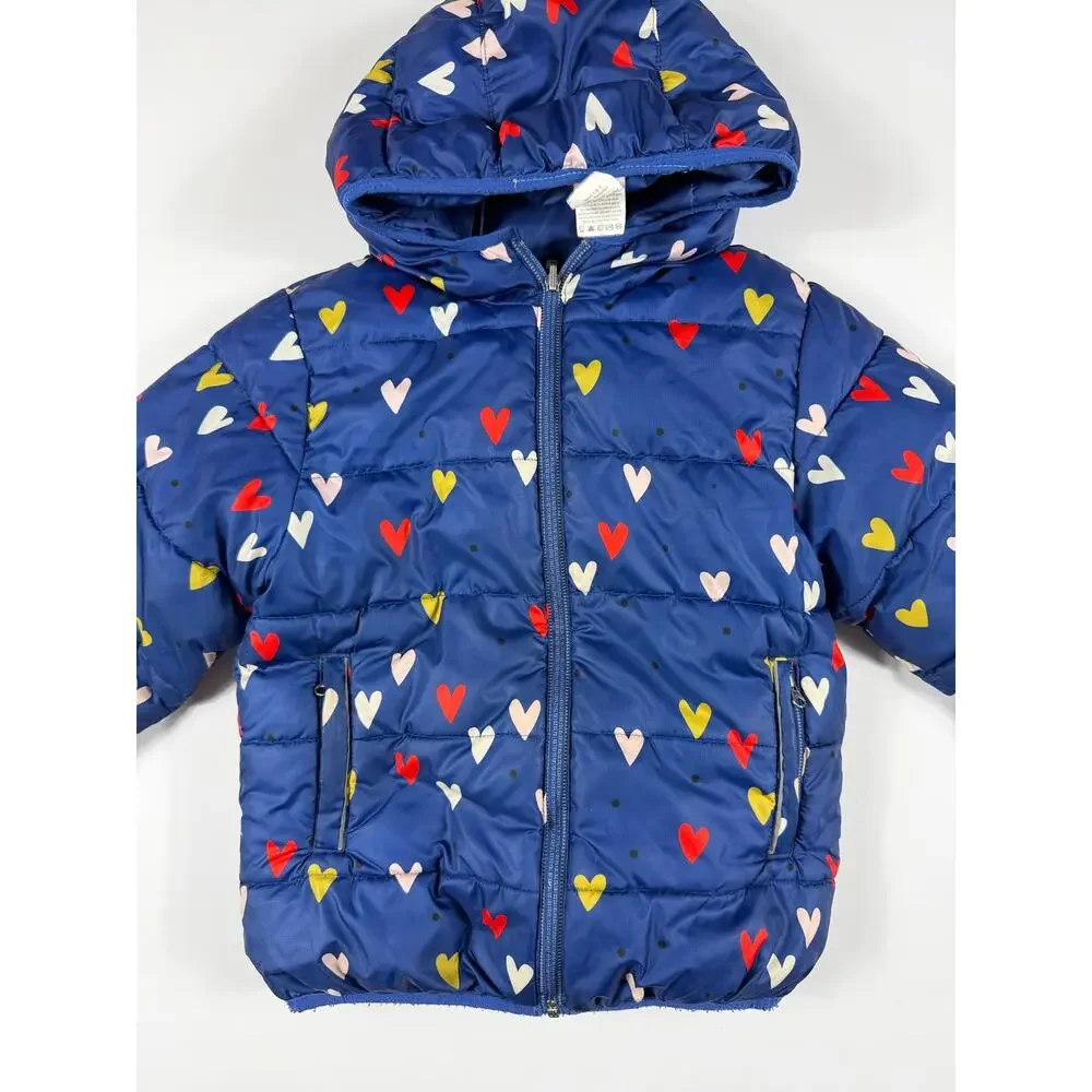 Hanna Andersson Reversible Down Puffer Jacket Heart Print Blue Size 5